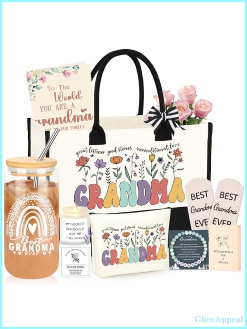 Grandma Gift Set - 8-in-1 Canvas Tote, Bracelet, Candles, Mug, Socks & Cards